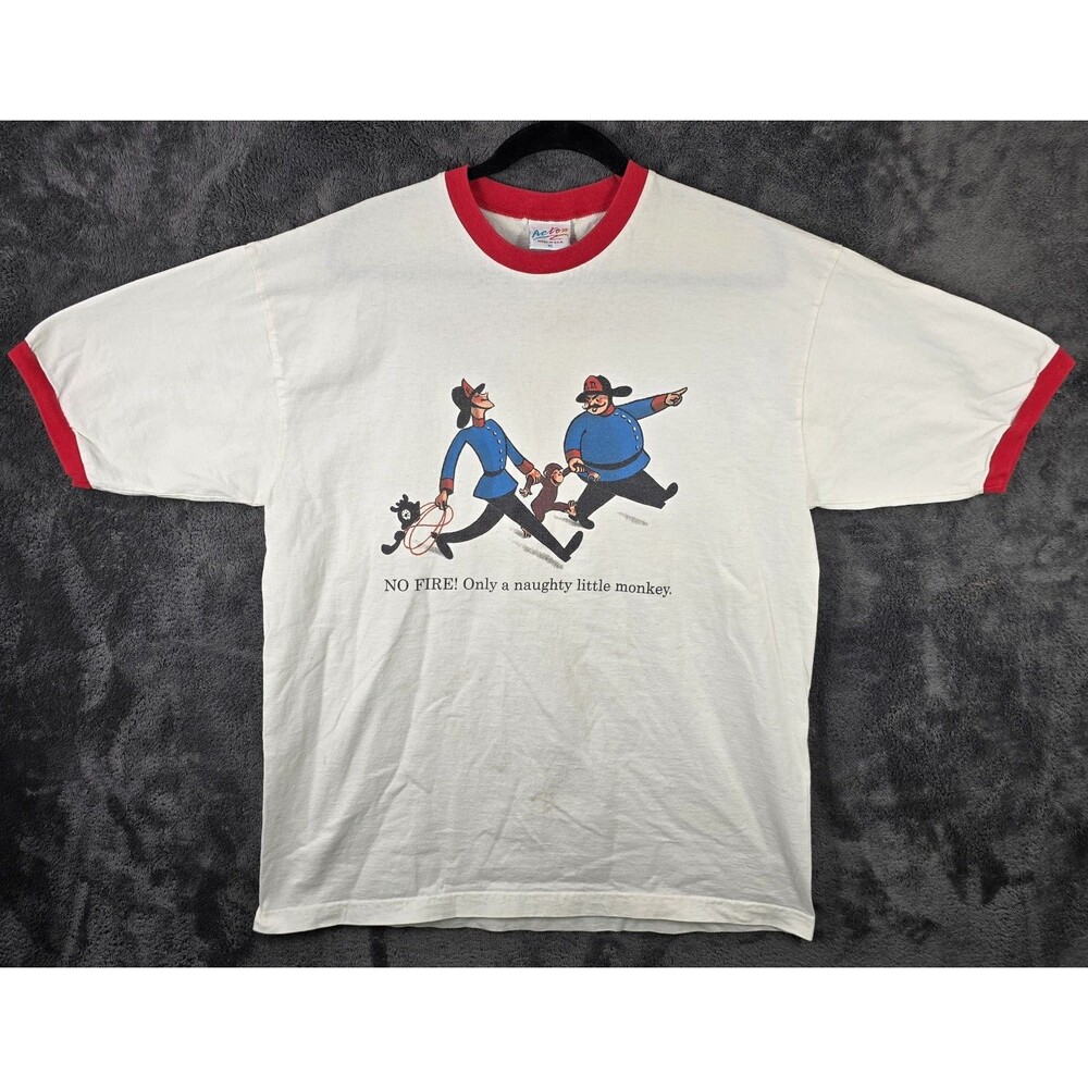 Vintage Curious George 1995 No Fire Naughty Monkey Red Ringer T-Shirt XL Cartoon